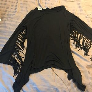 Black shirt with fringe on sleeves